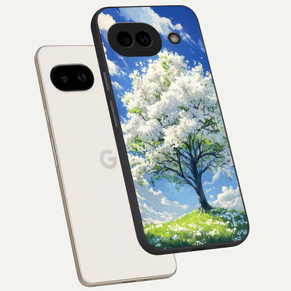  Blossom Sky Serenity phone case For Google Pixel 9A showing premium glass back cover with detailed artwork