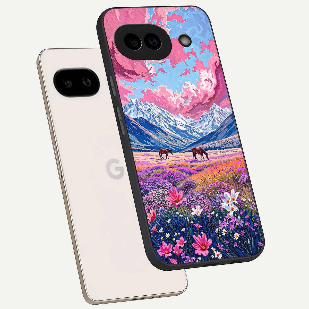  Blossom Valley Dream phone case For Google Pixel 9A showing premium glass back cover with detailed artwork