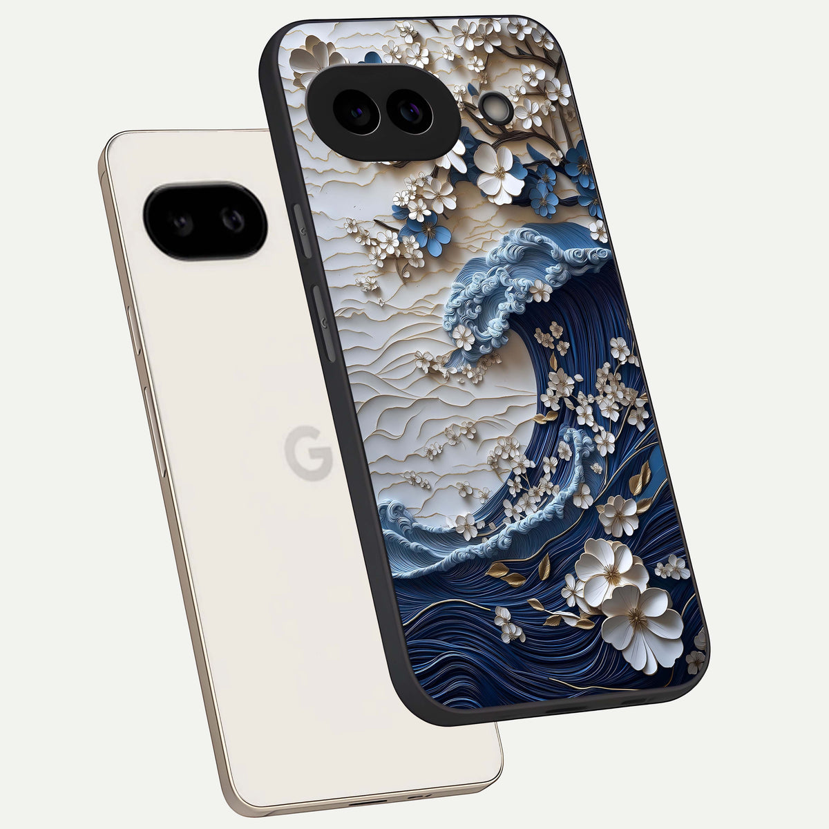  Blossom Wave Art phone case For Google Pixel 9A showing premium glass back cover with detailed artwork