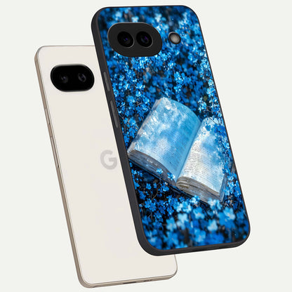  Blue Bloom Tales phone case For Google Pixel 9A showing premium glass back cover with detailed artwork