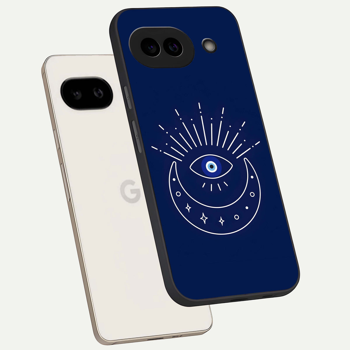  Blue Evil Eye phone case For Google Pixel 9A showing premium glass back cover with detailed artwork