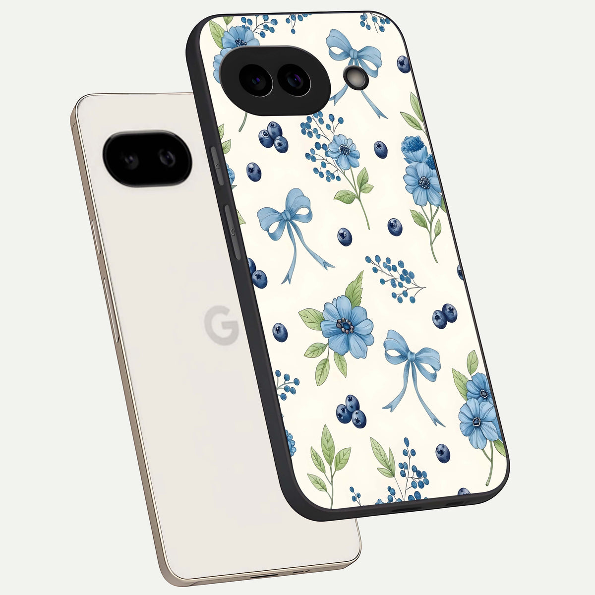  Blue Flower And Bow phone case For Google Pixel 9A showing premium glass back cover with detailed artwork