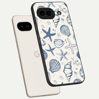  Blue Ocean Outline phone case For Google Pixel 9A showing premium glass back cover with detailed artwork