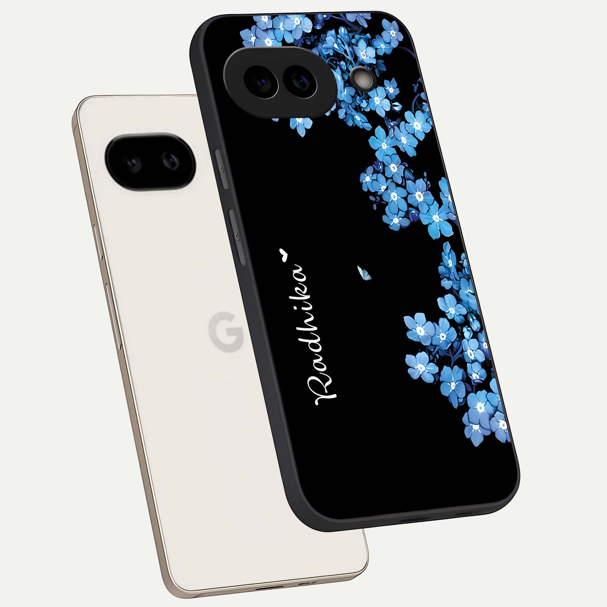  Blue Petal Dream Custom Name phone case For Google Pixel 9A showing premium glass back cover with detailed artwork