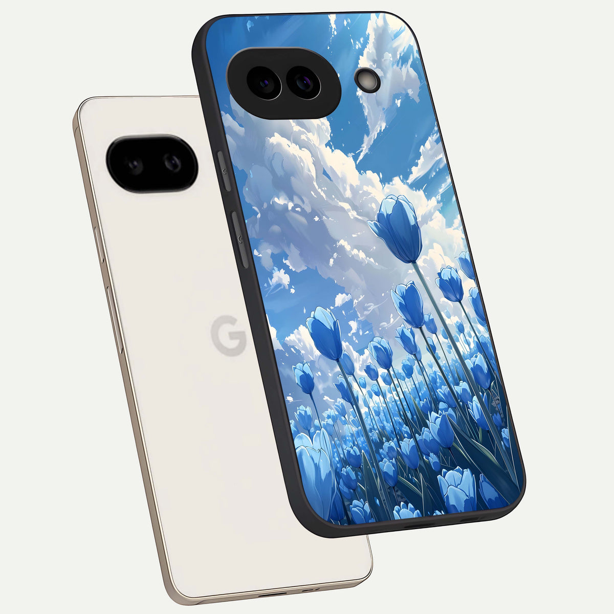  Blue Tulip Clouds phone case For Google Pixel 9A showing premium glass back cover with detailed artwork
