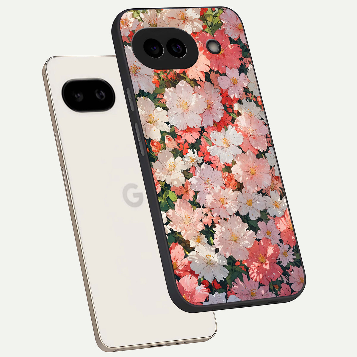  Blush Bloom Field phone case For Google Pixel 9A showing premium glass back cover with detailed artwork