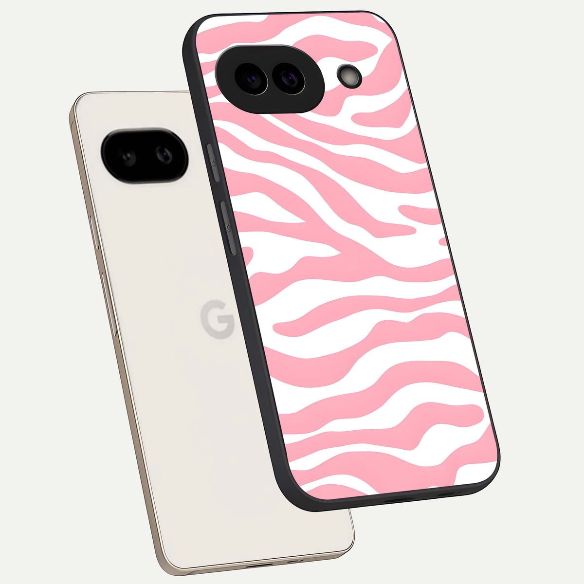 Blush Zebra Flow phone case For Google Pixel 9A showing premium glass back cover with detailed artwork