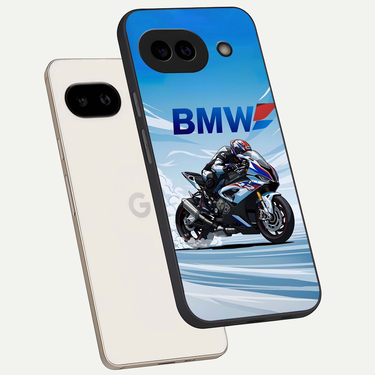  BMW Power Drift phone case For Google Pixel 9A showing premium glass back cover with detailed artwork
