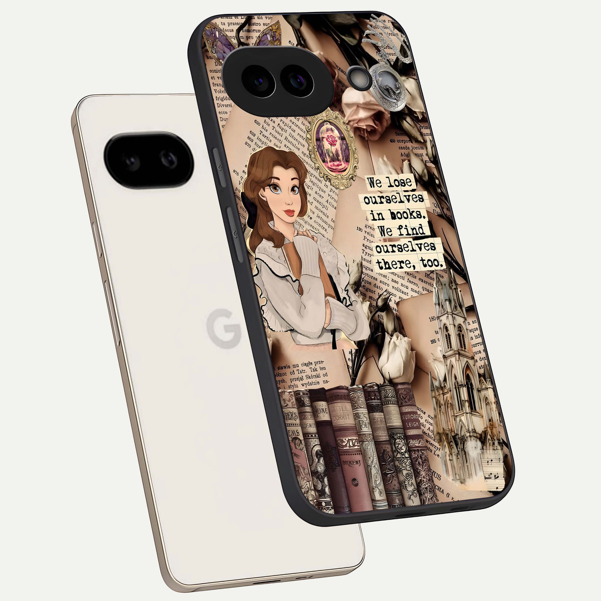  Bookish Dream World phone case For Google Pixel 9A showing premium glass back cover with detailed artwork