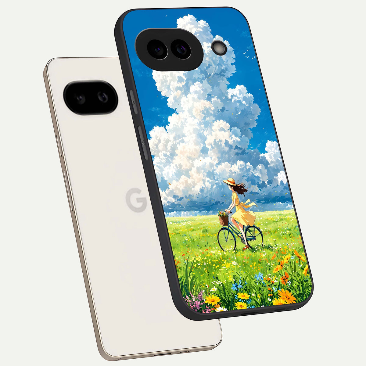  Breezy Meadow Ride phone case For Google Pixel 9A showing premium glass back cover with detailed artwork