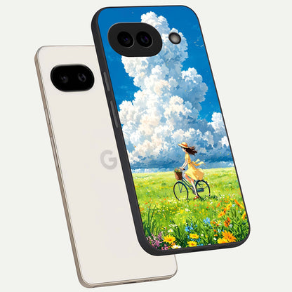  Breezy Meadow Ride phone case For Google Pixel 9A showing premium glass back cover with detailed artwork