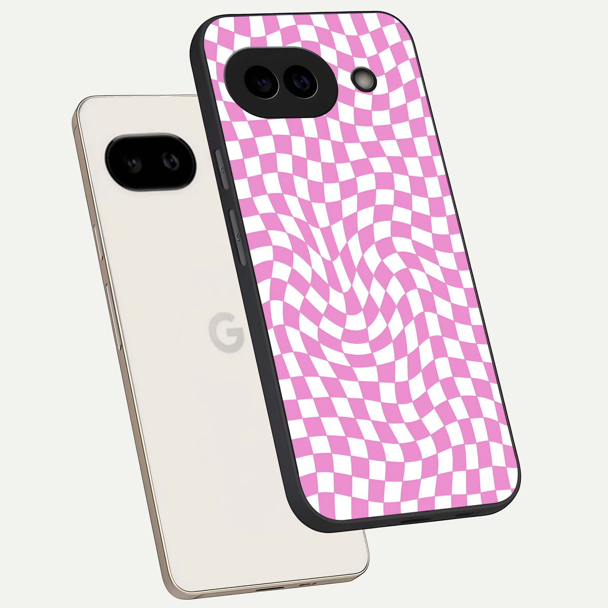  Bubblegum Check Wave phone case For Google Pixel 9A showing premium glass back cover with detailed artwork