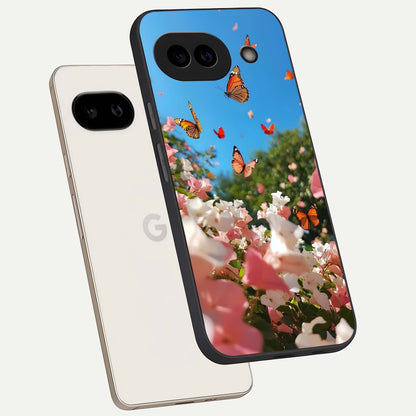  Butterflies In Bloom Sky phone case For Google Pixel 9A showing premium glass back cover with detailed artwork