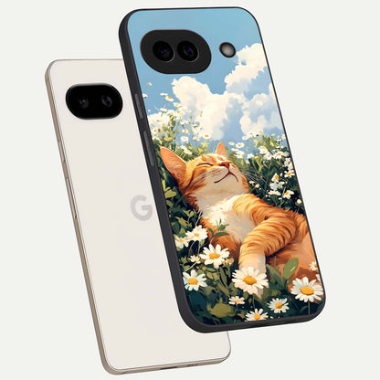  Cat And Flowers View phone case For Google Pixel 9A showing premium glass back cover with detailed artwork