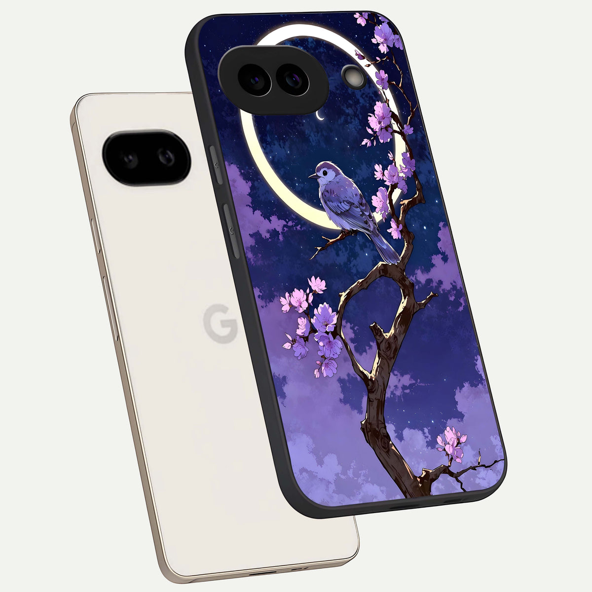  Celestial Bird Blossom phone case For Google Pixel 9A showing premium glass back cover with detailed artwork