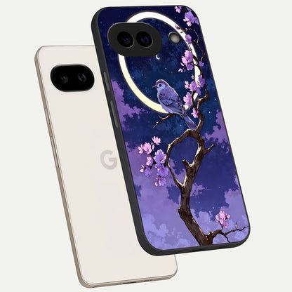  Celestial Bird Blossom phone case For Google Pixel 9A showing premium glass back cover with detailed artwork