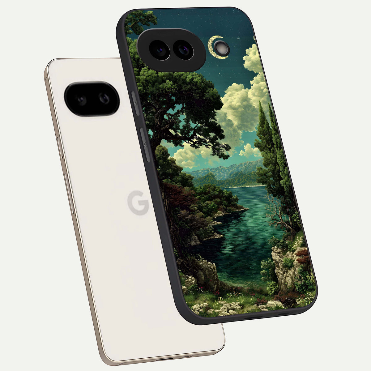  Celestial Lake Peace phone case For Google Pixel 9A showing premium glass back cover with detailed artwork