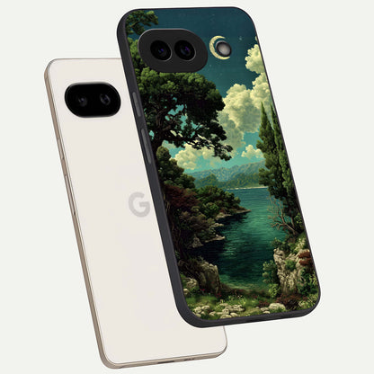 Celestial Lake Peace phone case For Google Pixel 9A showing premium glass back cover with detailed artwork