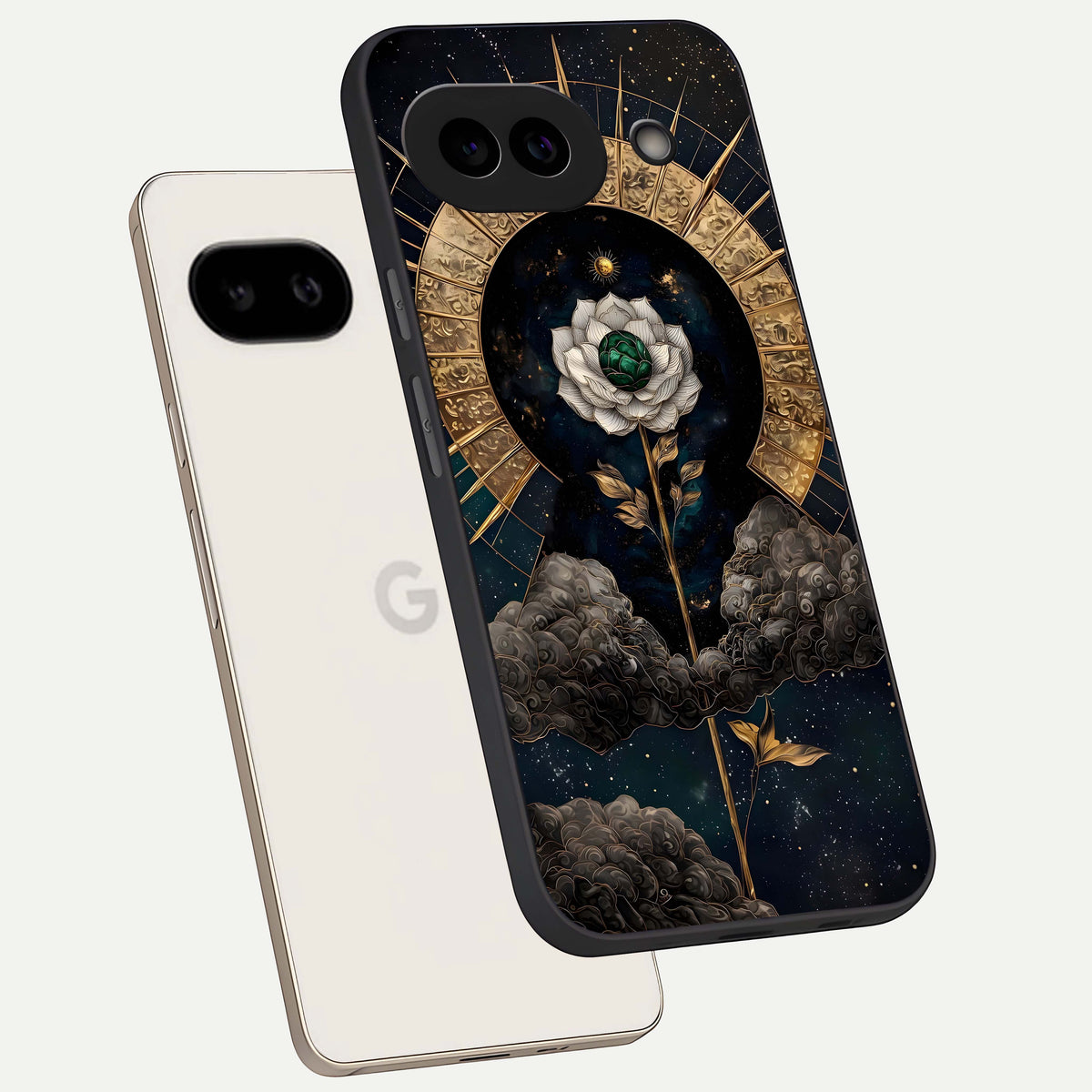  Celestial Lotus Morang phone case For Google Pixel 9A showing premium glass back cover with detailed artwork