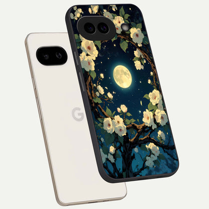 Celestial Moon And Flower phone case For Google Pixel 9A showing premium glass back cover with detailed artwork