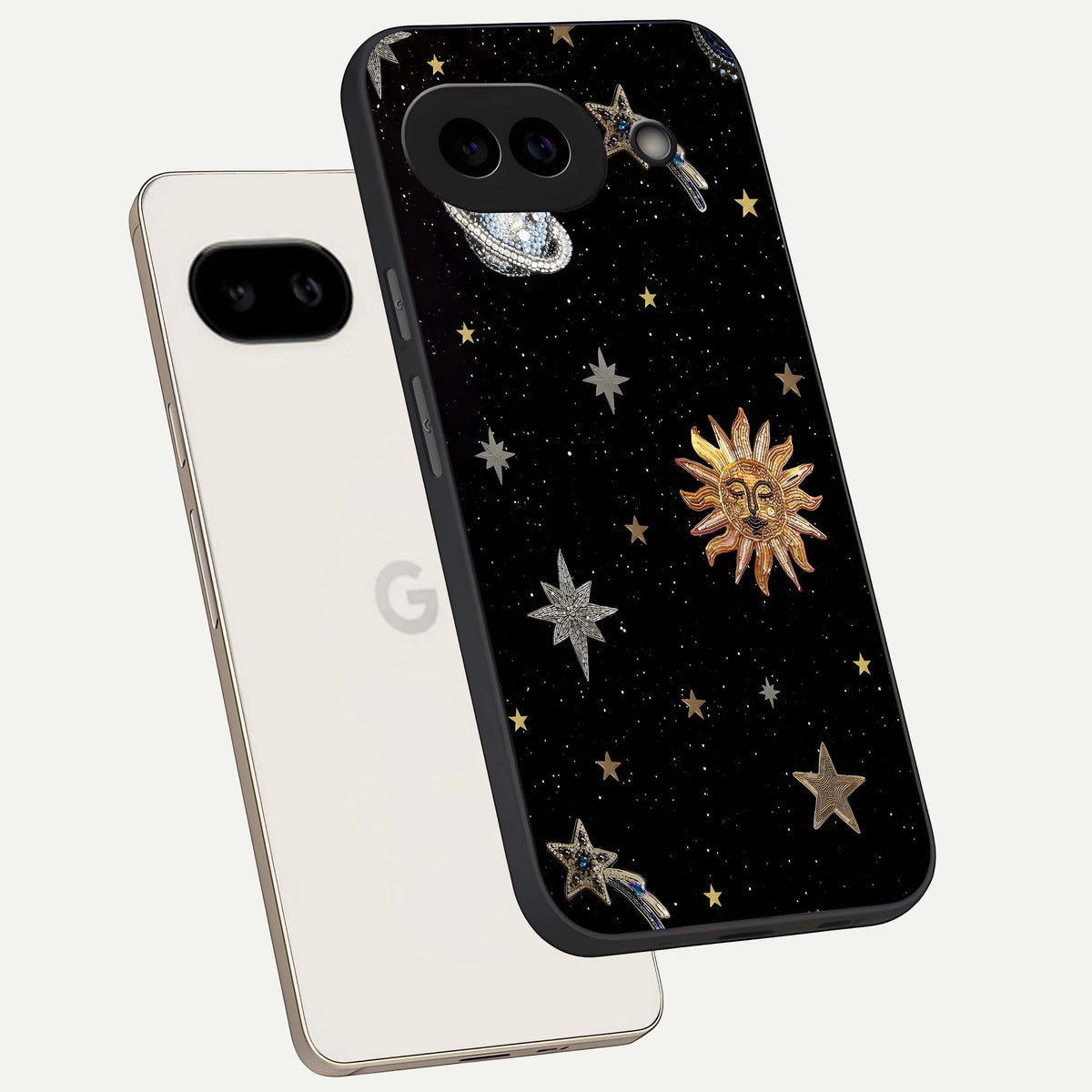  Celestial Moon With Stars phone case For Google Pixel 9A showing premium glass back cover with detailed artwork