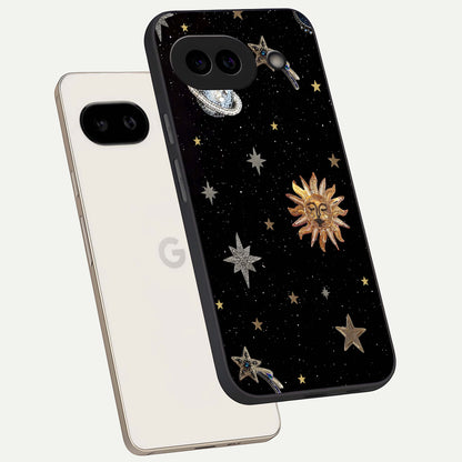  Celestial Moon With Stars phone case For Google Pixel 9A showing premium glass back cover with detailed artwork