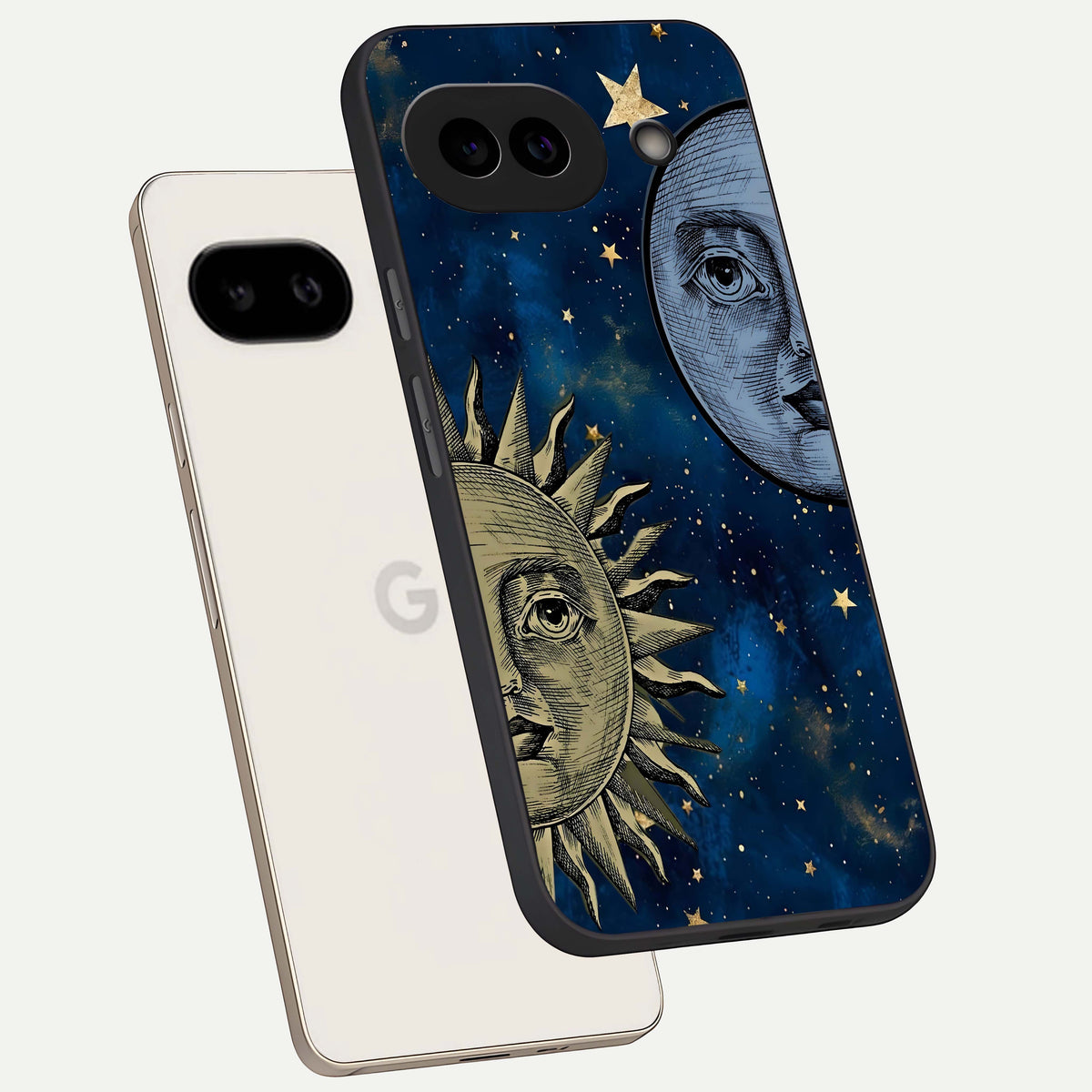  Celestial Moon With Sun phone case For Google Pixel 9A showing premium glass back cover with detailed artwork
