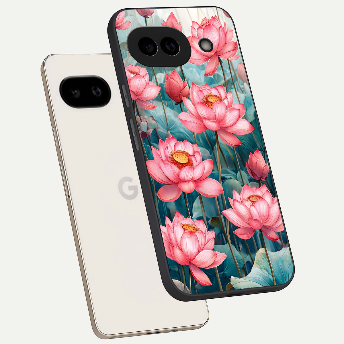  Celestial Pink Lotus phone case For Google Pixel 9A showing premium glass back cover with detailed artwork