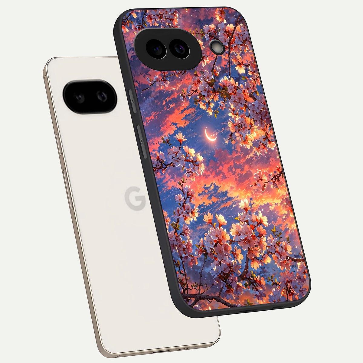  Celestial Sakura Sunset phone case For Google Pixel 9A showing premium glass back cover with detailed artwork