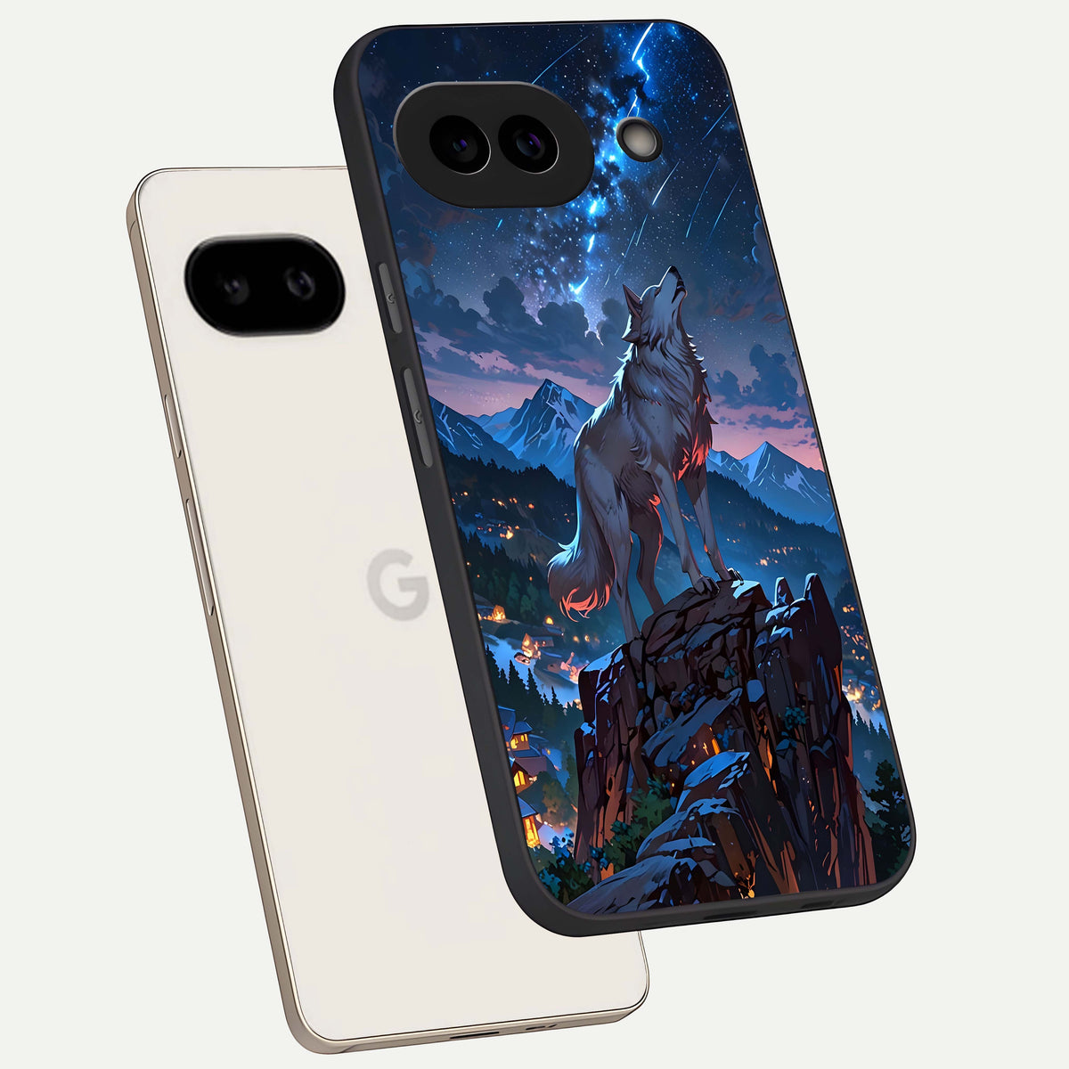  Celestial Wolf Howl phone case For Google Pixel 9A showing premium glass back cover with detailed artwork