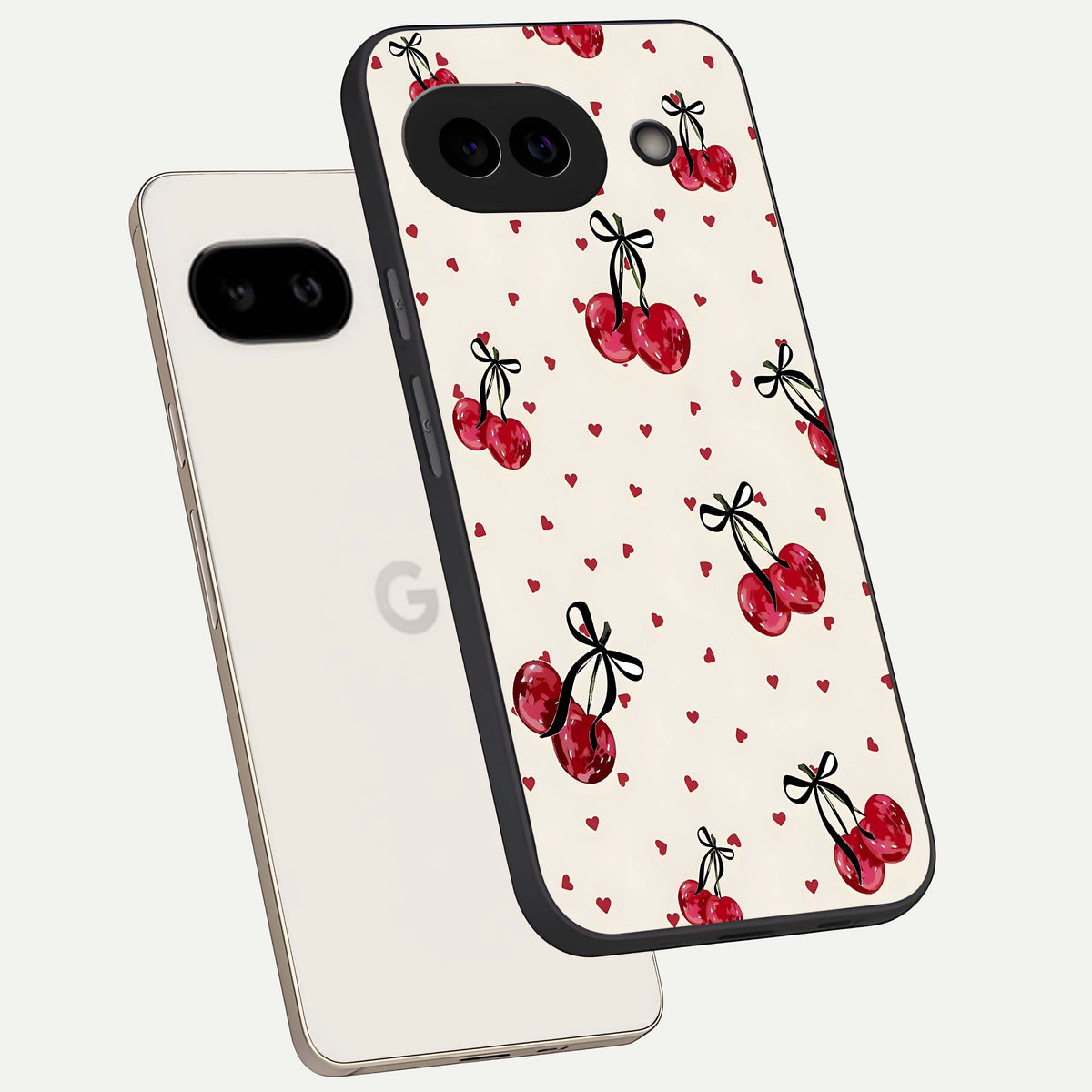  Cherry Heart Bow phone case For Google Pixel 9A showing premium glass back cover with detailed artwork