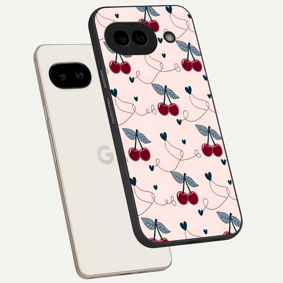  Cherry Heart Line phone case For Google Pixel 9A showing premium glass back cover with detailed artwork