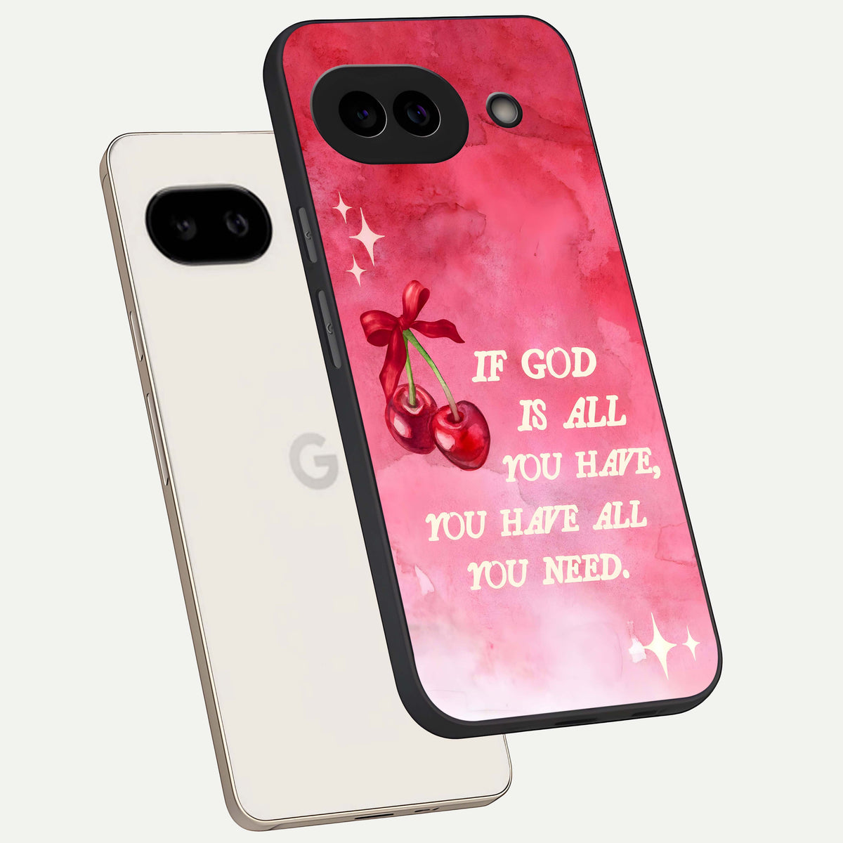  Cherry Quote phone case For Google Pixel 9A showing premium glass back cover with detailed artwork