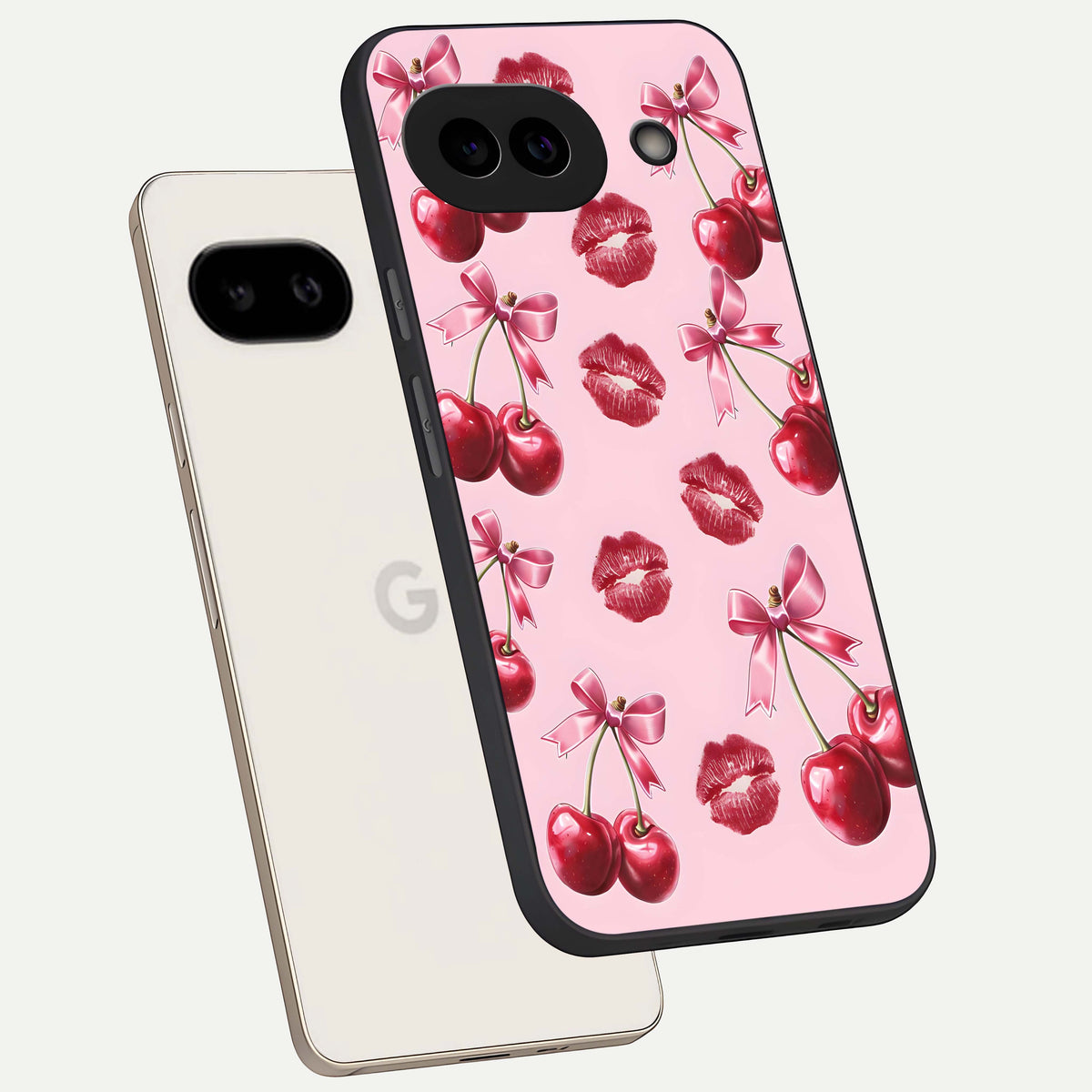 Cherry With Lips phone case For Google Pixel 9A showing premium glass back cover with detailed artwork