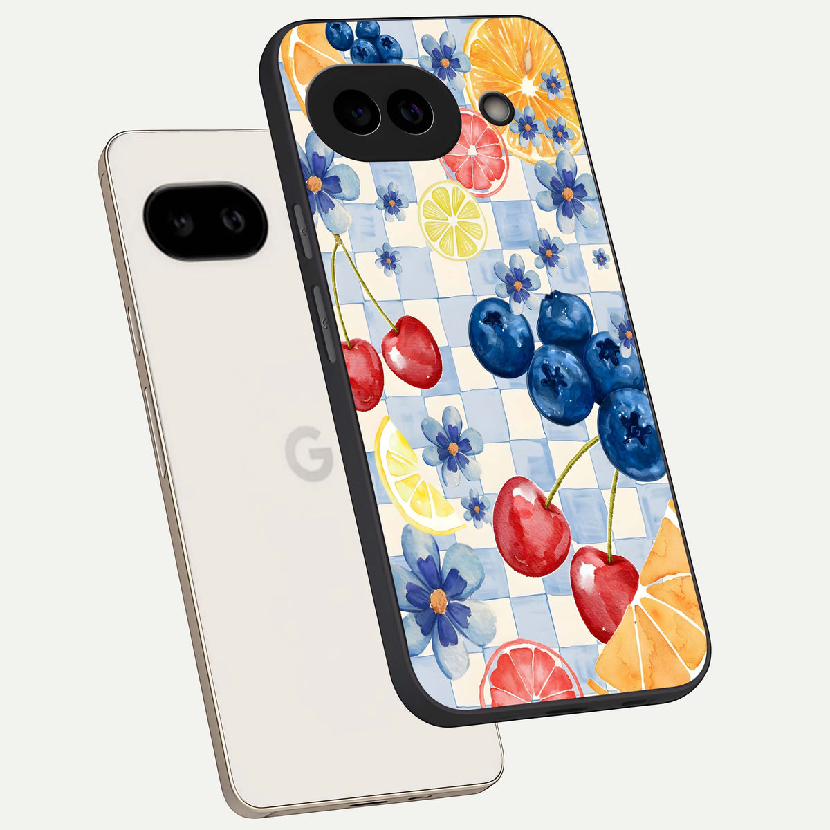  Citrus Bloom Joy phone case For Google Pixel 9A showing premium glass back cover with detailed artwork