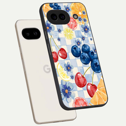  Citrus Bloom Joy phone case For Google Pixel 9A showing premium glass back cover with detailed artwork