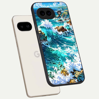  Coastal Blue Waves phone case For Google Pixel 9A showing premium glass back cover with detailed artwork
