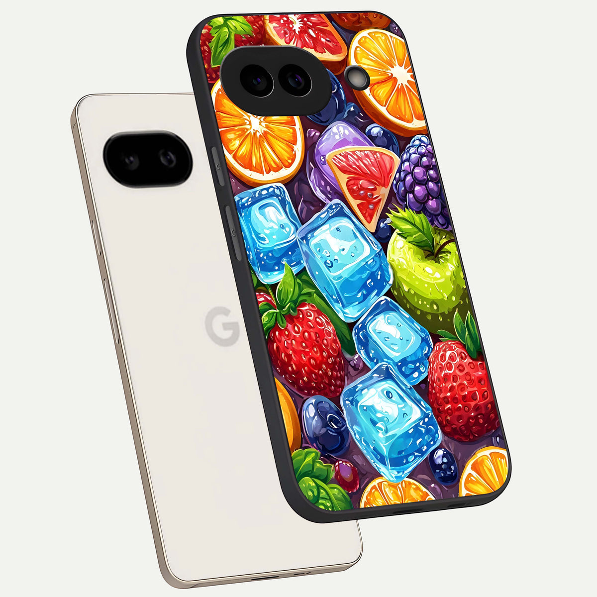  Colorful Fruits with Ice phone case For Google Pixel 9A showing premium glass back cover with detailed artwork
