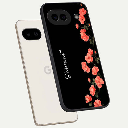  Crimson Bloom Grace Custom Name phone case For Google Pixel 9A showing premium glass back cover with detailed artwork