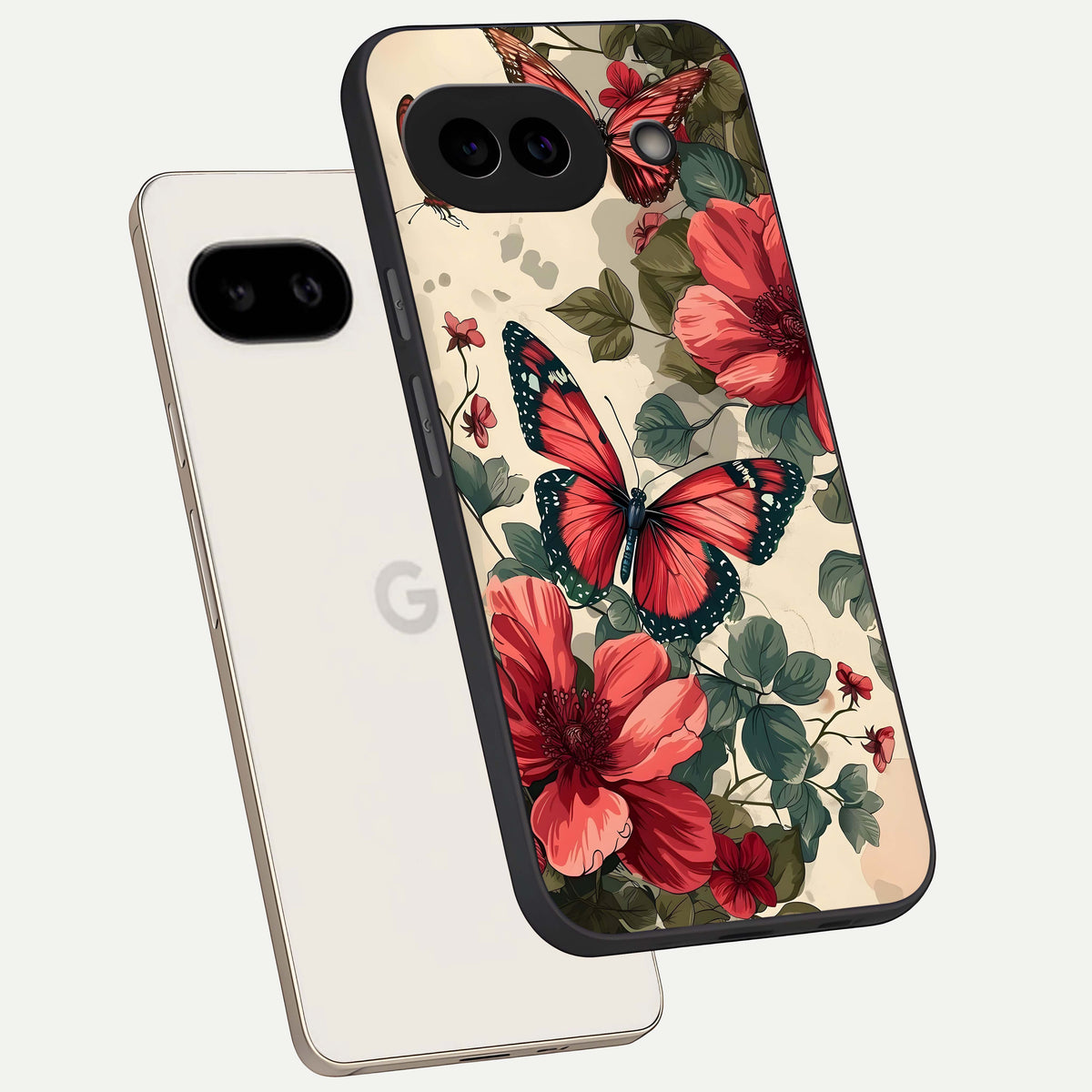  Crimson Butterfly Garden phone case For Google Pixel 9A showing premium glass back cover with detailed artwork