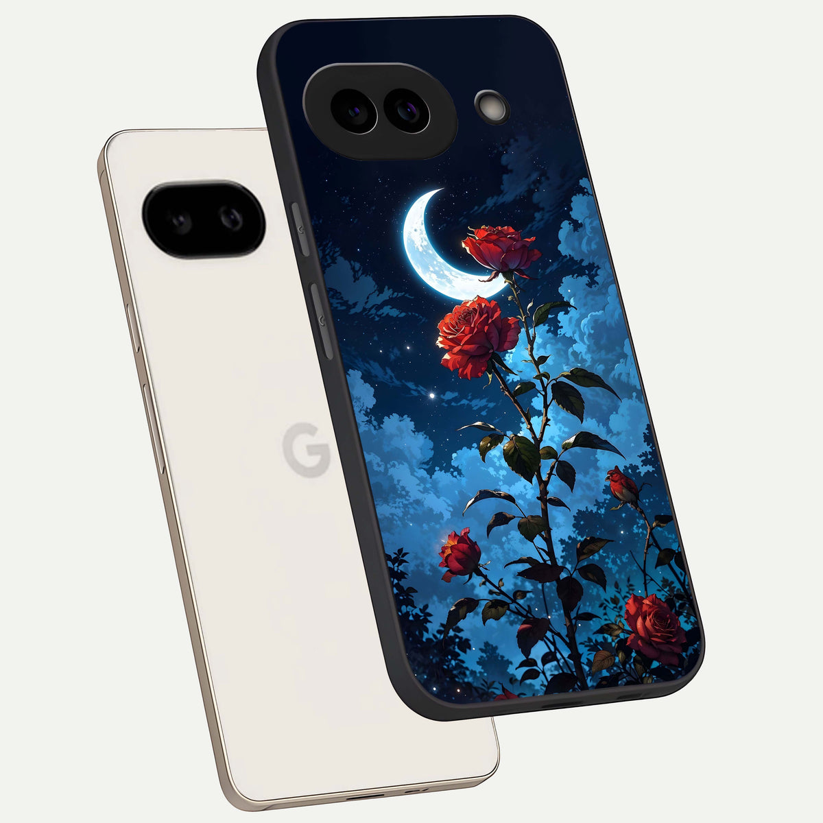  Crimson Rose Moon phone case For Google Pixel 9A showing premium glass back cover with detailed artwork