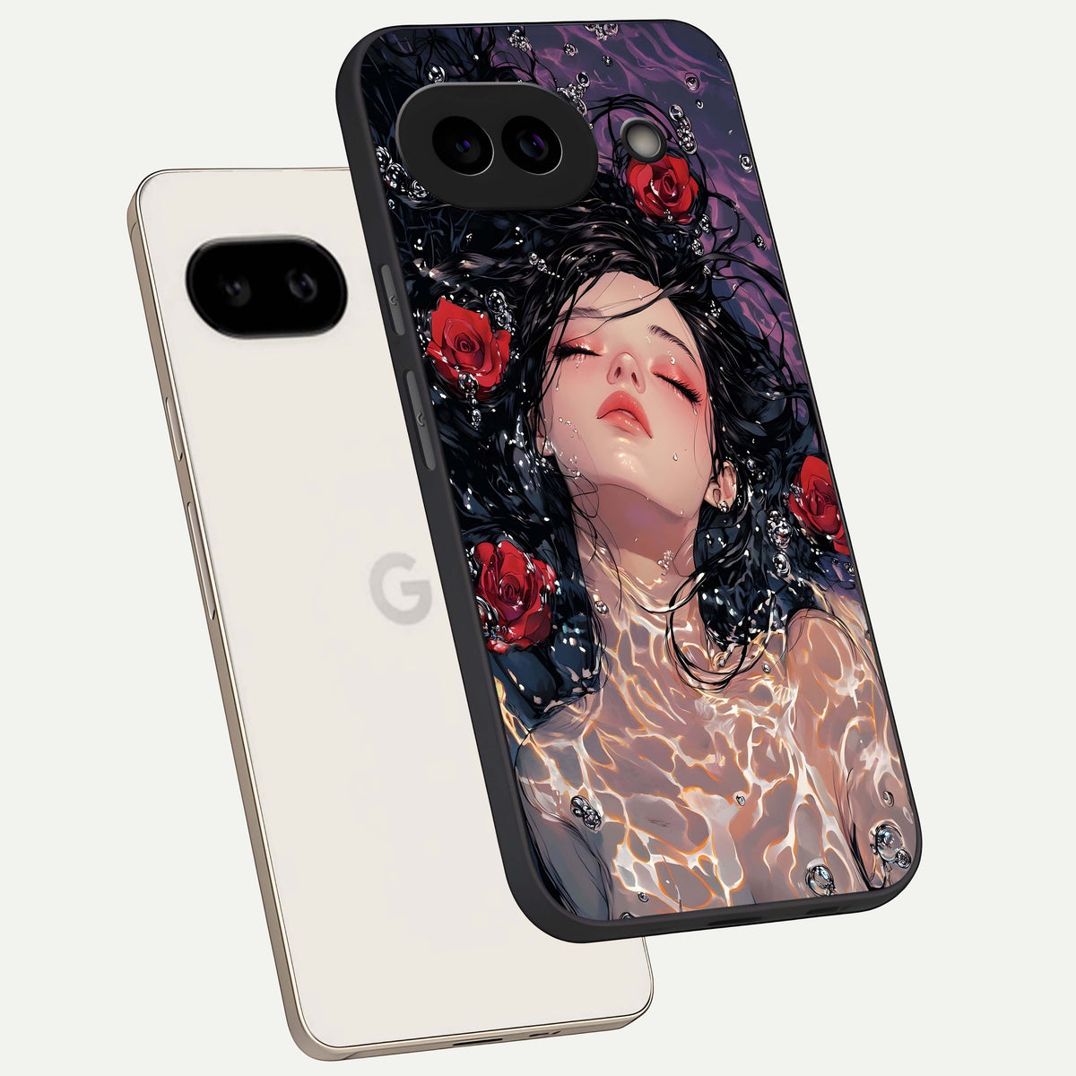  Crimson Rose Serenity phone case For Google Pixel 9A showing premium glass back cover with detailed artwork