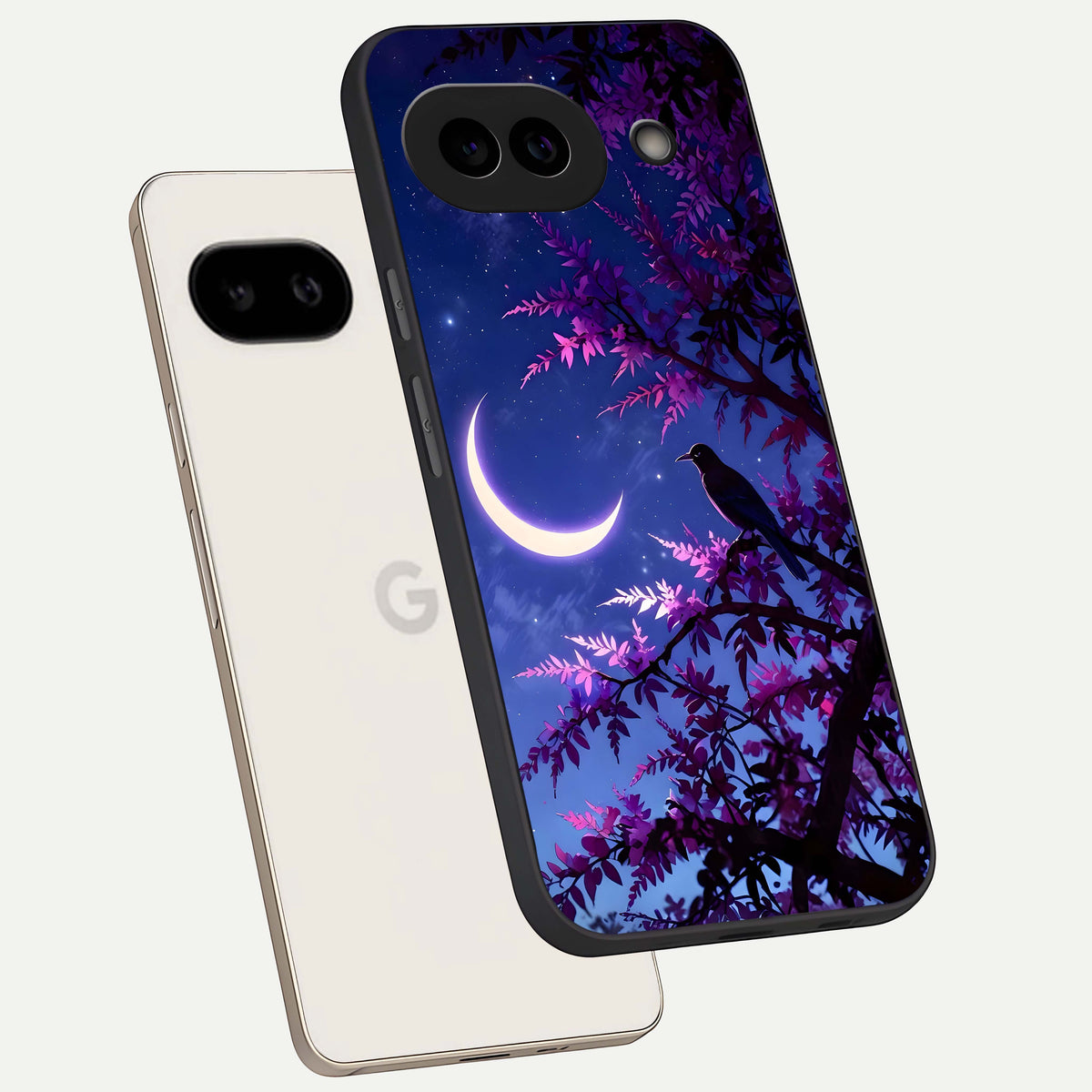  Crow And Moon Scenery phone case For Google Pixel 9A showing premium glass back cover with detailed artwork