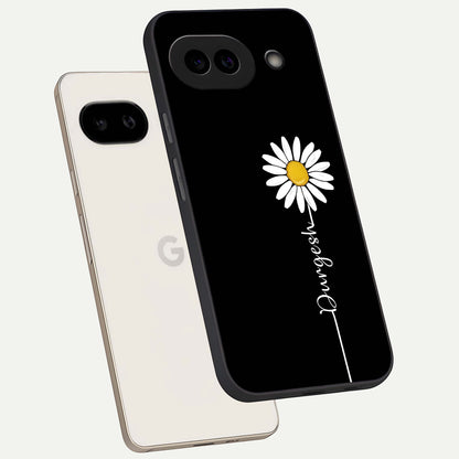  Custom Name White Flower phone case For Google Pixel 9A showing premium glass back cover with detailed artwork