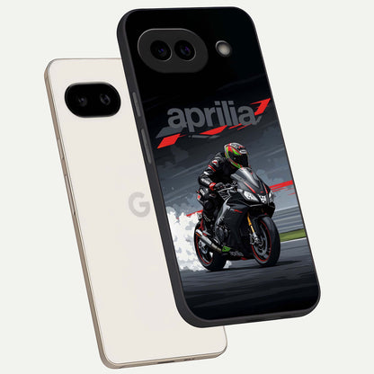 Dark Aprilla phone case For Google Pixel 9A showing premium glass back cover with detailed artwork
