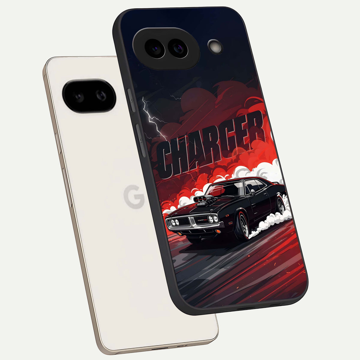  Dark Charger Fury phone case For Google Pixel 9A showing premium glass back cover with detailed artwork