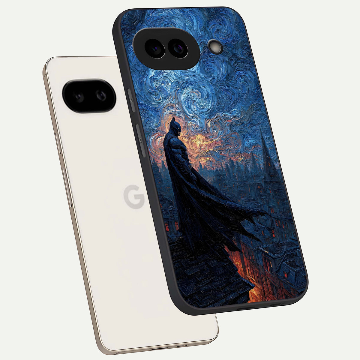  Dark Knight Dusk phone case For Google Pixel 9A showing premium glass back cover with detailed artwork