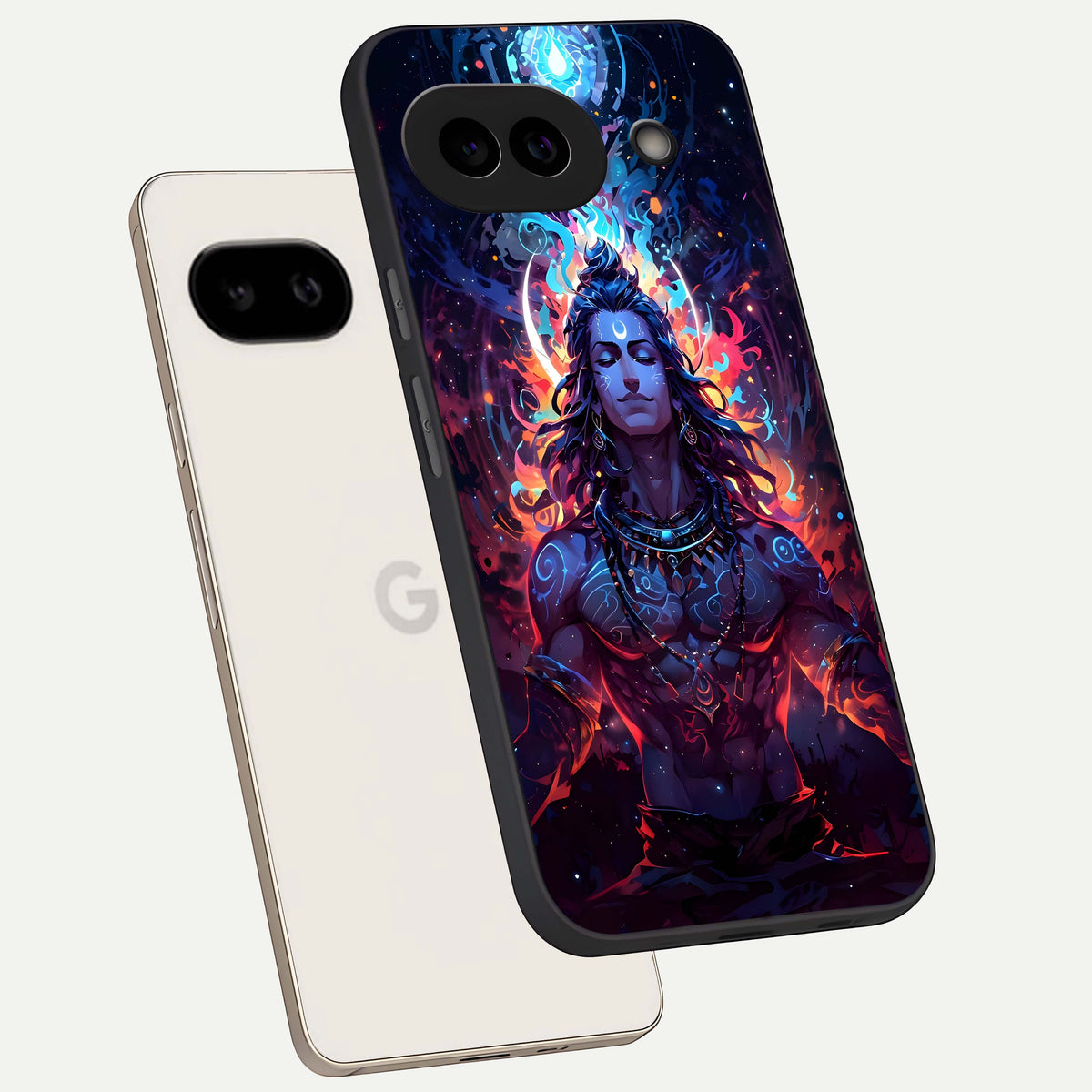  Divine Fire Shiv phone case For Google Pixel 9A showing premium glass back cover with detailed artwork