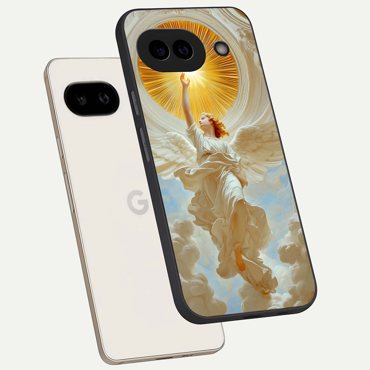  Divine Light Angel phone case For Google Pixel 9A showing premium glass back cover with detailed artwork