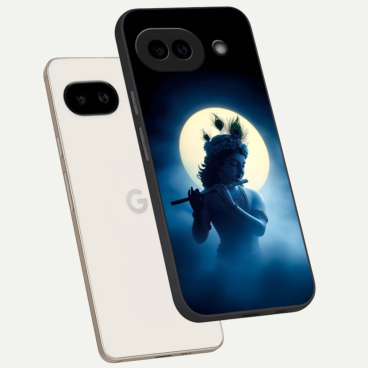 Divine Moon Flute phone case For Google Pixel 9A showing premium glass back cover with detailed artwork